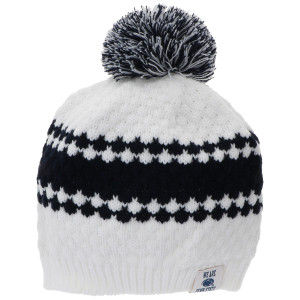 white knit beanie with pom, navy ripple, and We Are Penn State tag